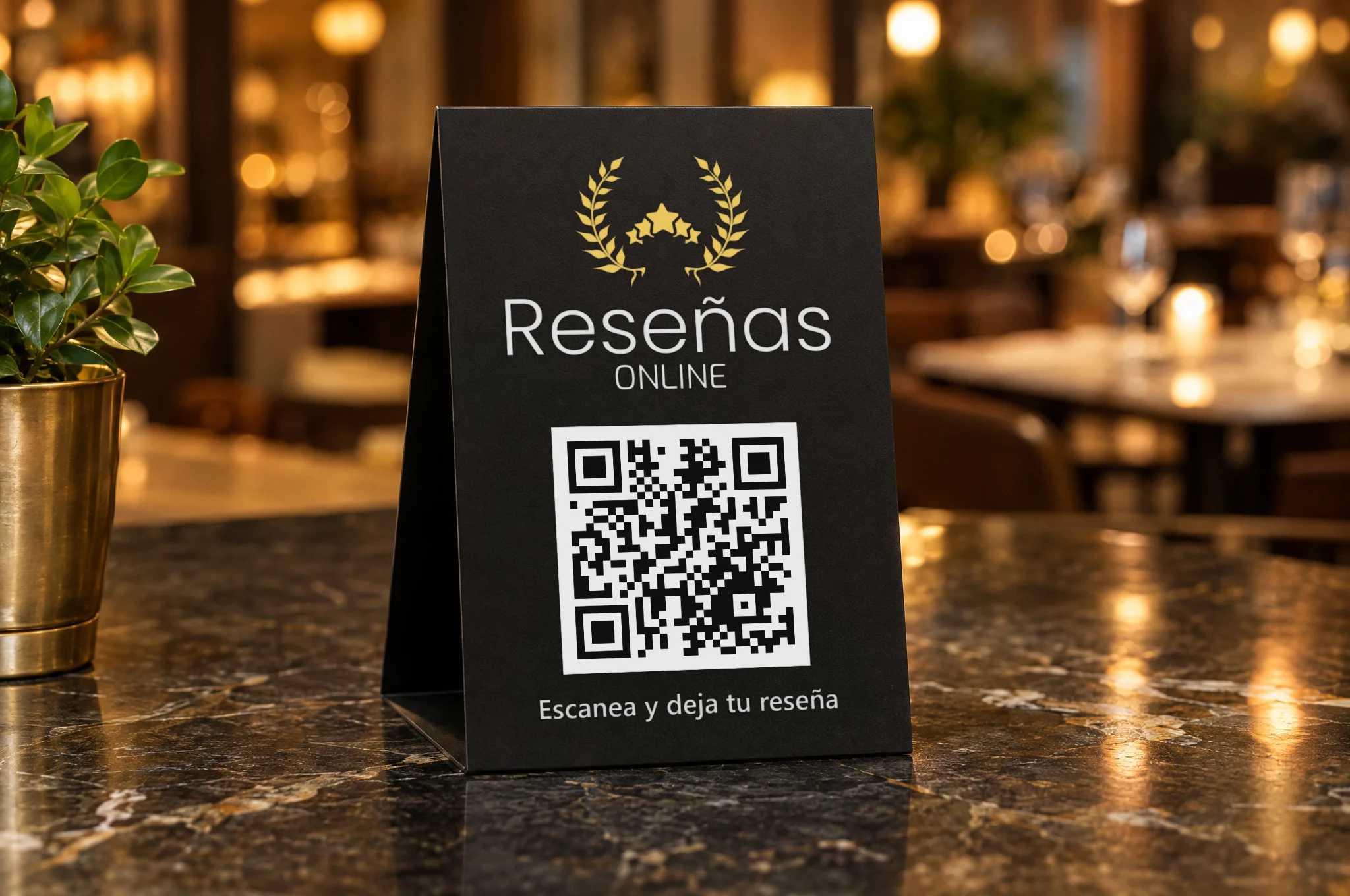 Placa negra de mostrador con el logo de Reseñas Online y un código QR para dejar una reseña en un restaurante