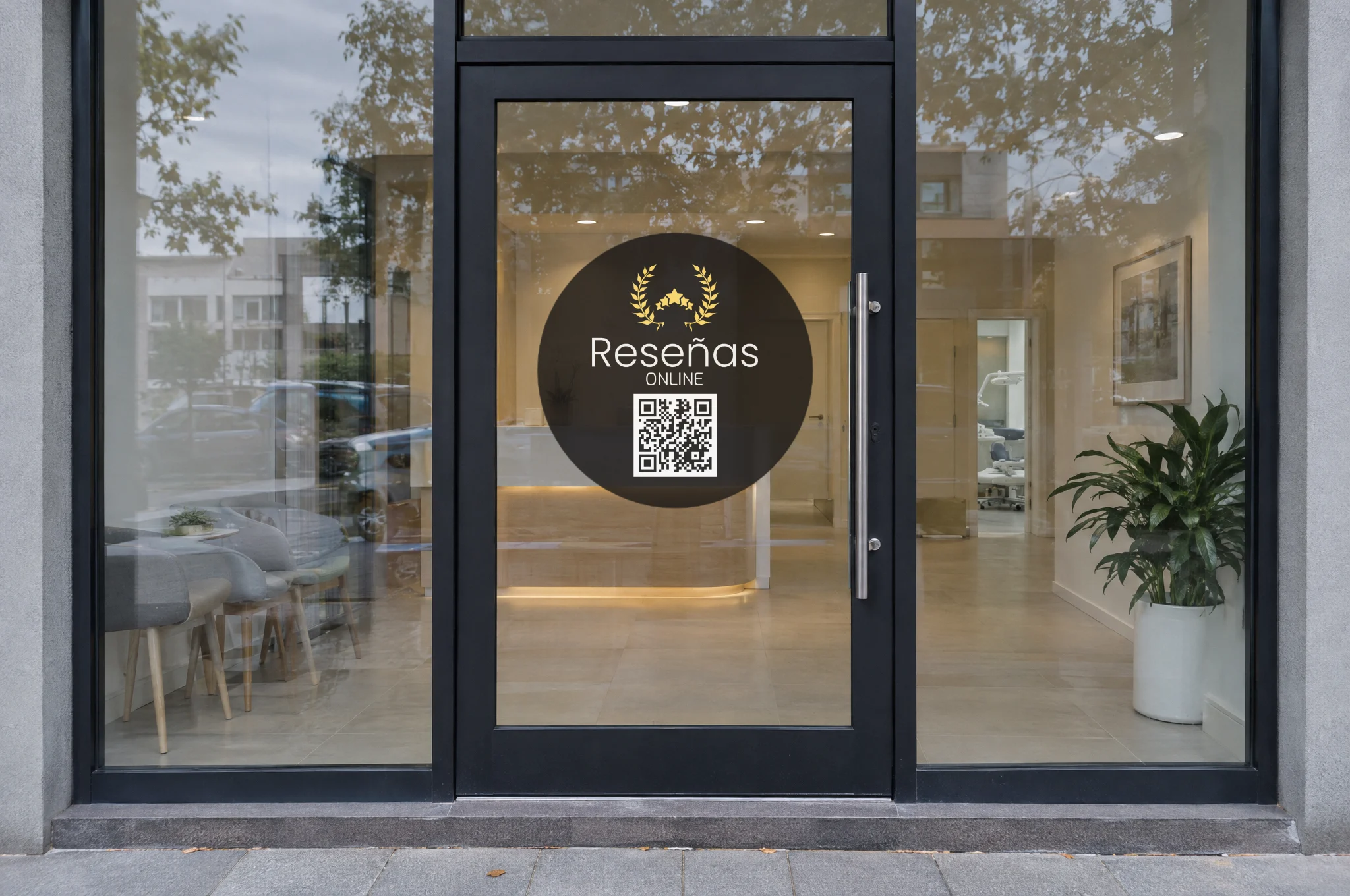 Pegatina circular con el logo de Reseñas Online y un código QR en la puerta de cristal de una clínica dental